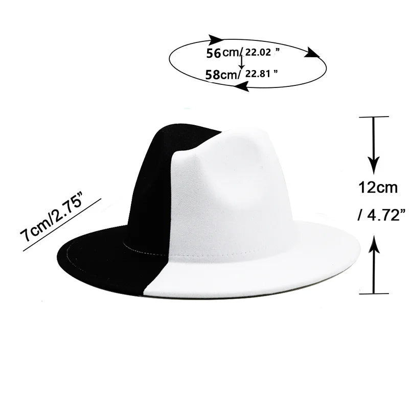Black White Patchwork Wool Felt Fedora Hat Wide Brim Panama Hat