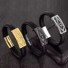 Freemasonry Black PU Leather Bracelet Cuff Braided Bracelet 8.3 inch