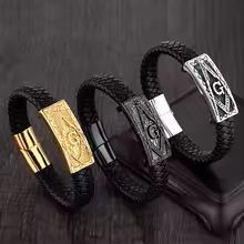 Freemasonry Black PU Leather Bracelet Cuff Braided Bracelet 8.3 inch