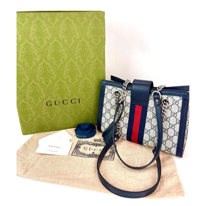 Gucci GG Supreme Dollar Calfskin Web Small Padlock Navy Tote