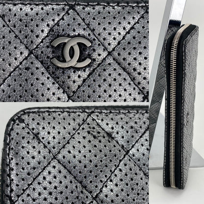 Chanel Perforated Silver Metallic Lambskin Quilted Zip Around Wallet Clutch