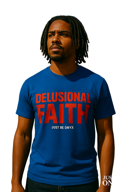 Person wearing a blue t-shirt with 'DELUSIONAL FAITH JUST BE ONYX' text on a city street.