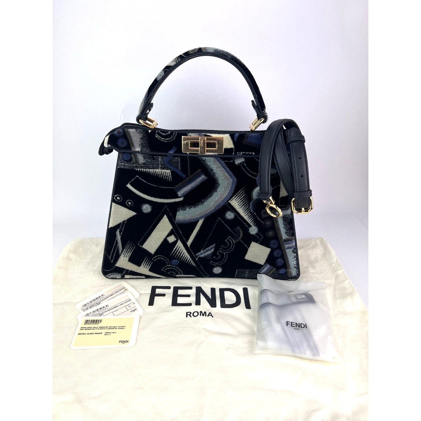 Fendi Peekaboo I see u Medium Printed Velvet Black Blue Satchel Shoulder Bag