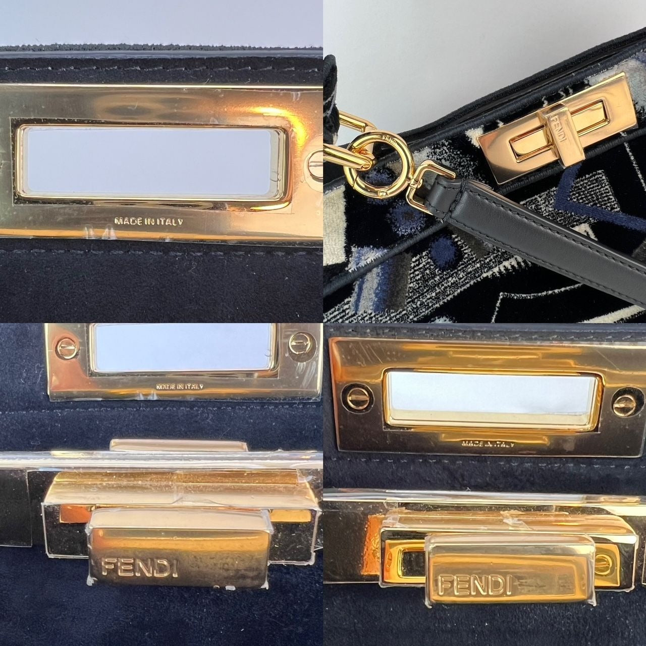 Fendi Peekaboo I see u Medium Printed Velvet Black Blue Satchel Shoulder Bag