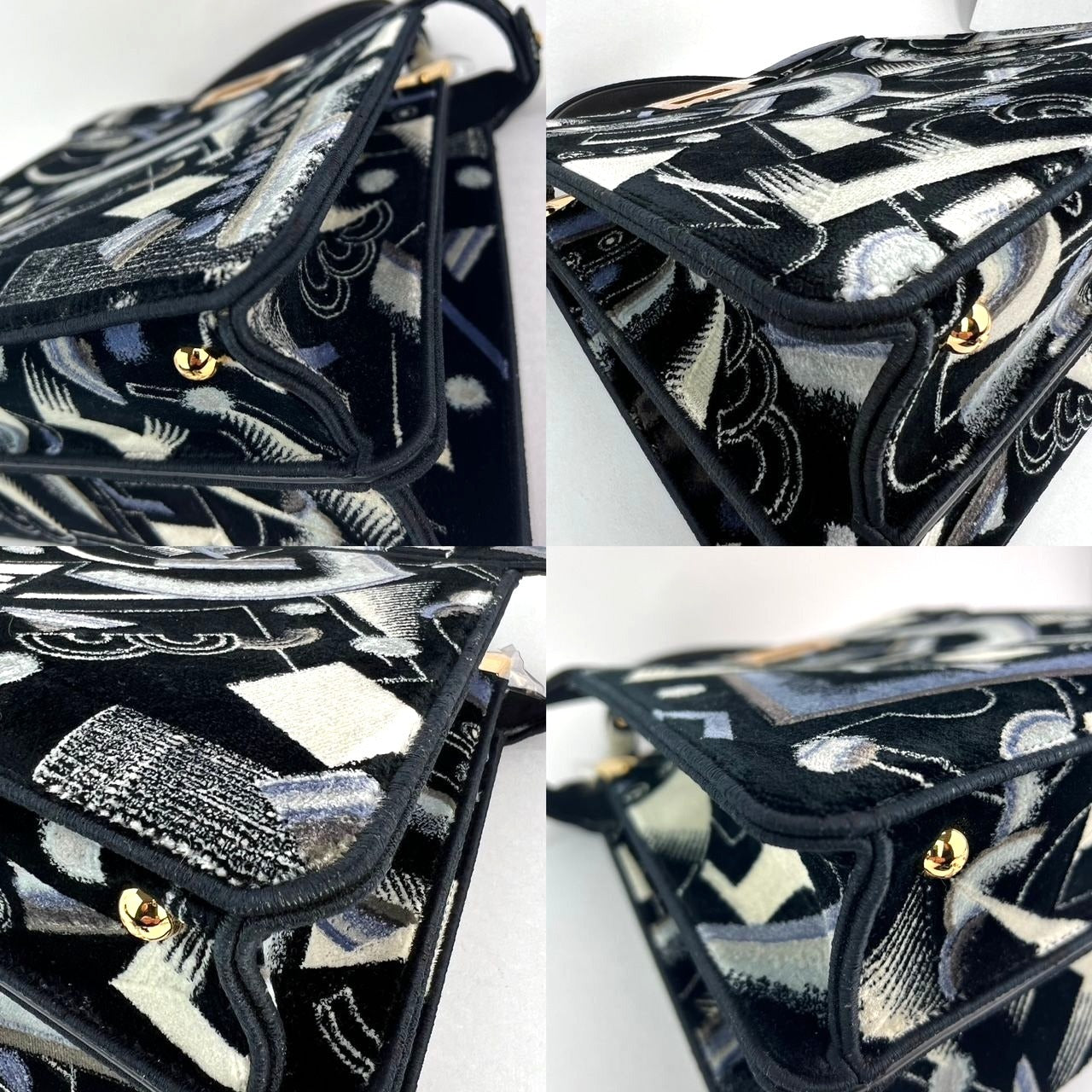 Fendi Peekaboo I see u Medium Printed Velvet Black Blue Satchel Shoulder Bag