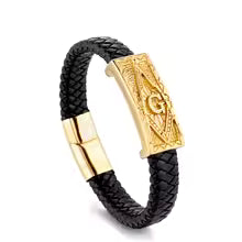 Freemasonry Black PU Leather Bracelet Cuff Braided Bracelet 8.3 inch