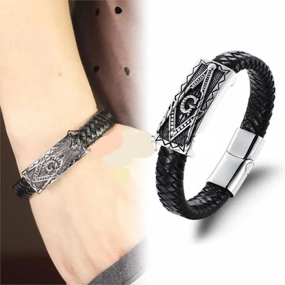 Vintage Mens Freemasonry Masonic Mason Black PU Leather Bracelet Cuff Braided Charm Bracelet
