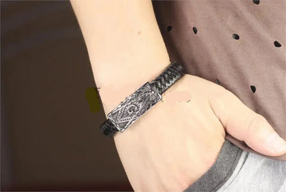 Vintage Mens Freemasonry Masonic Mason Black PU Leather Bracelet Cuff Braided Charm Bracelet