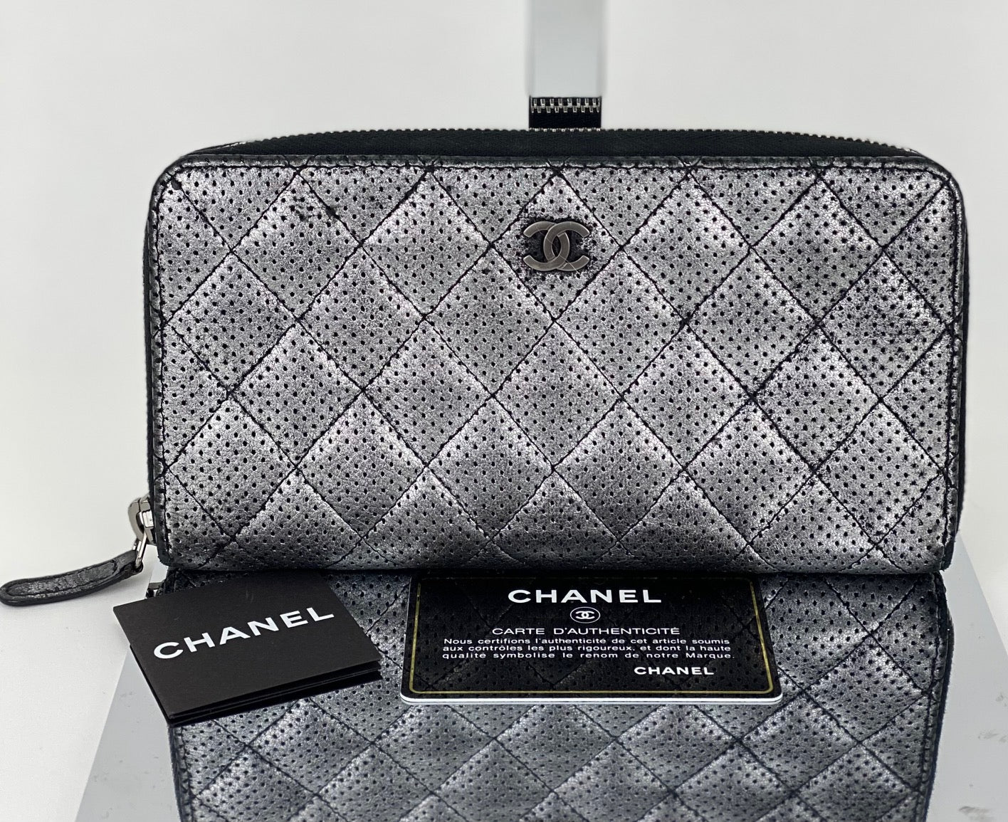Chanel Perforated Silver Metallic Lambskin Quilted Zip Around Wallet Clutch