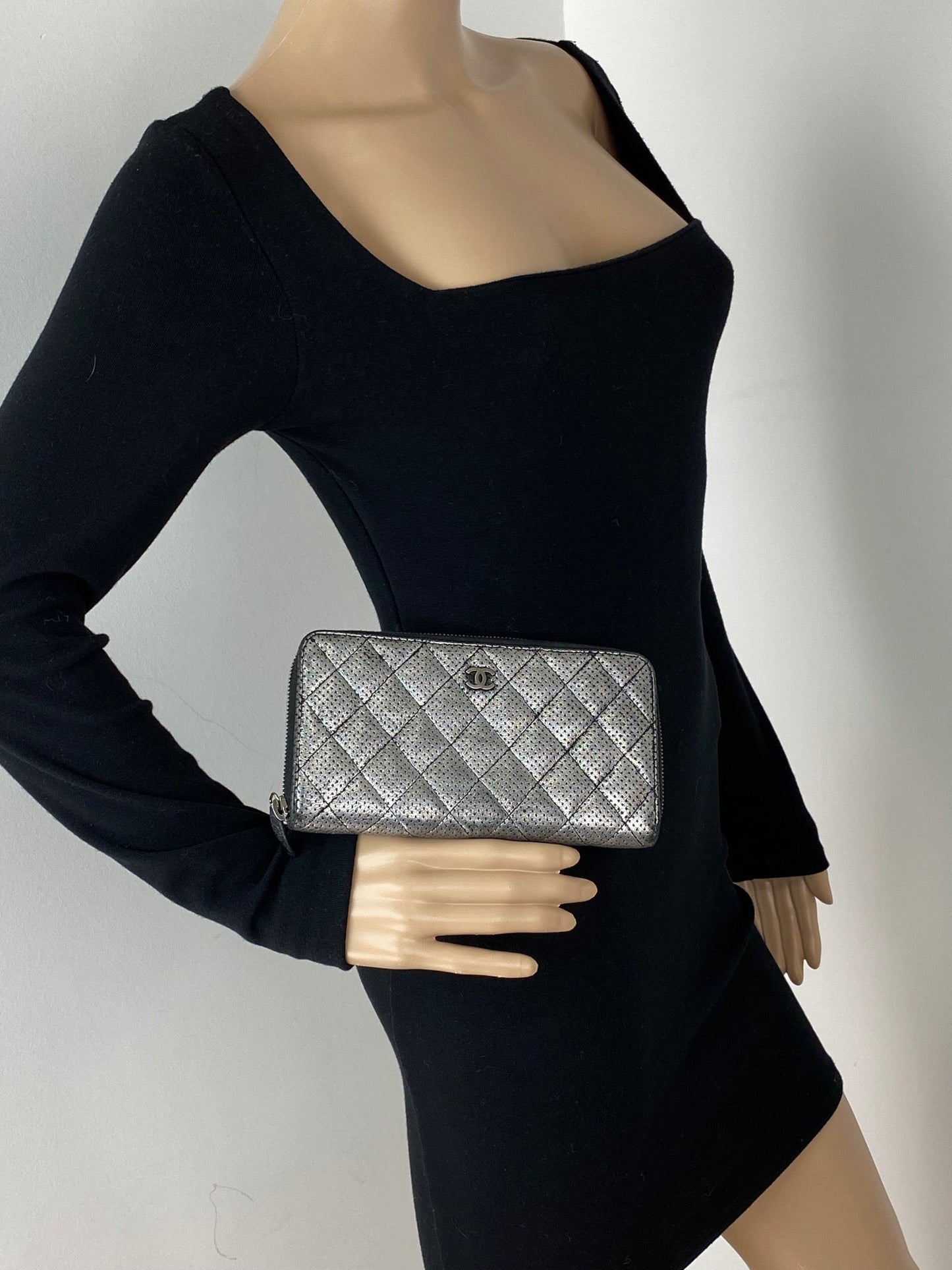 Chanel Perforated Silver Metallic Lambskin Quilted Zip Around Wallet Clutch