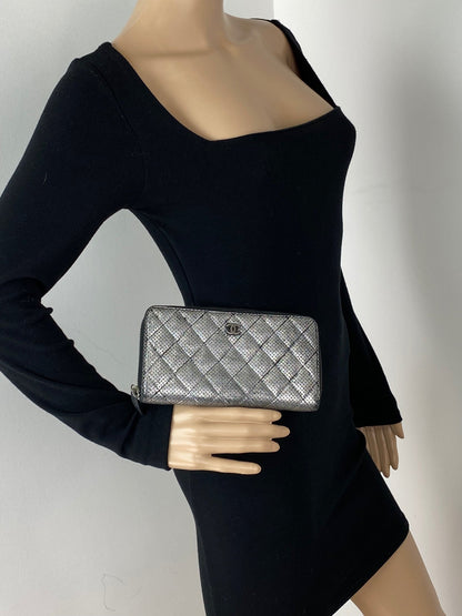 Chanel Perforated Silver Metallic Lambskin Quilted Zip Around Wallet Clutch