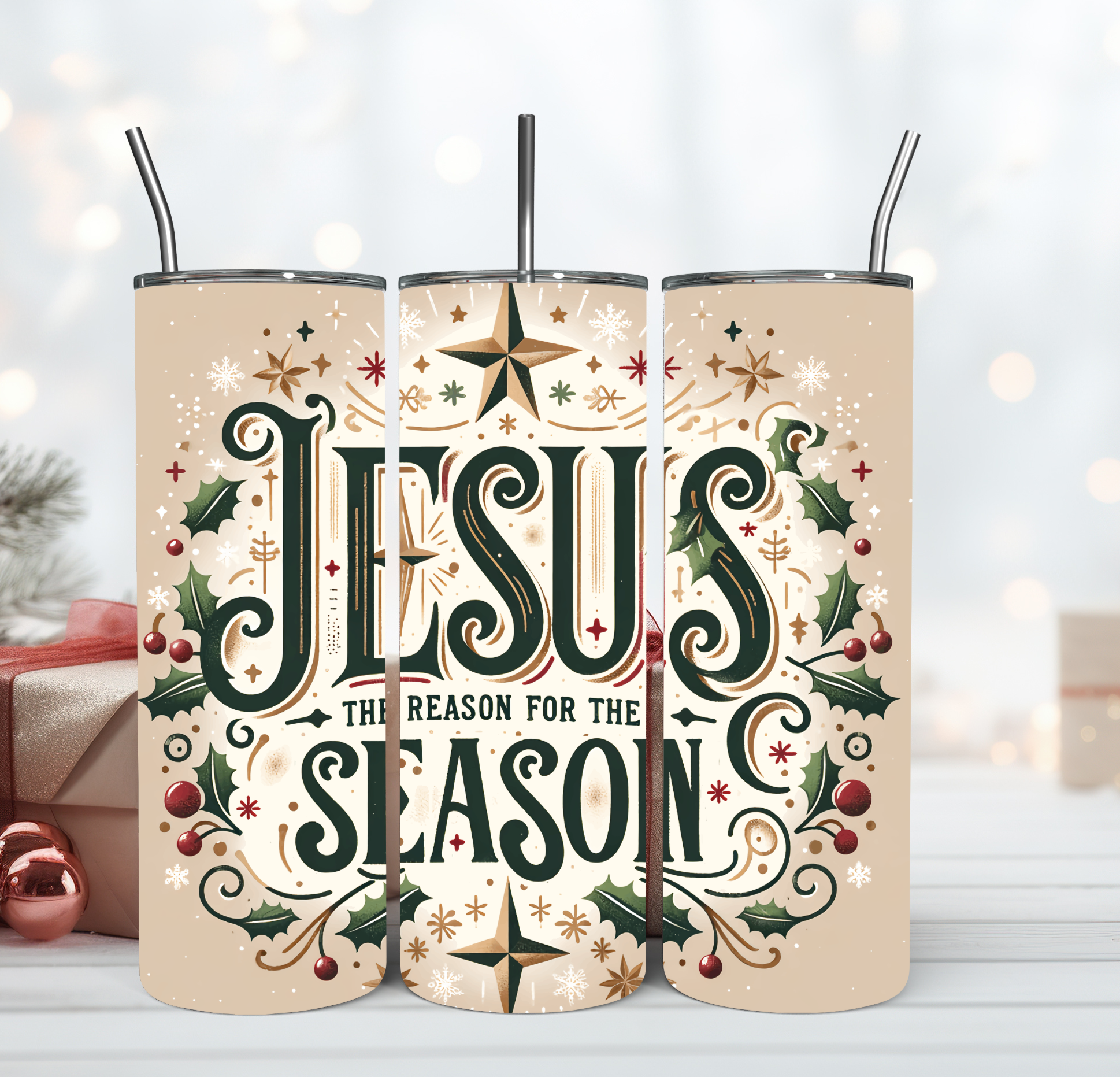 "Jesus is the reason for the season" written on a tumbler 20 oz