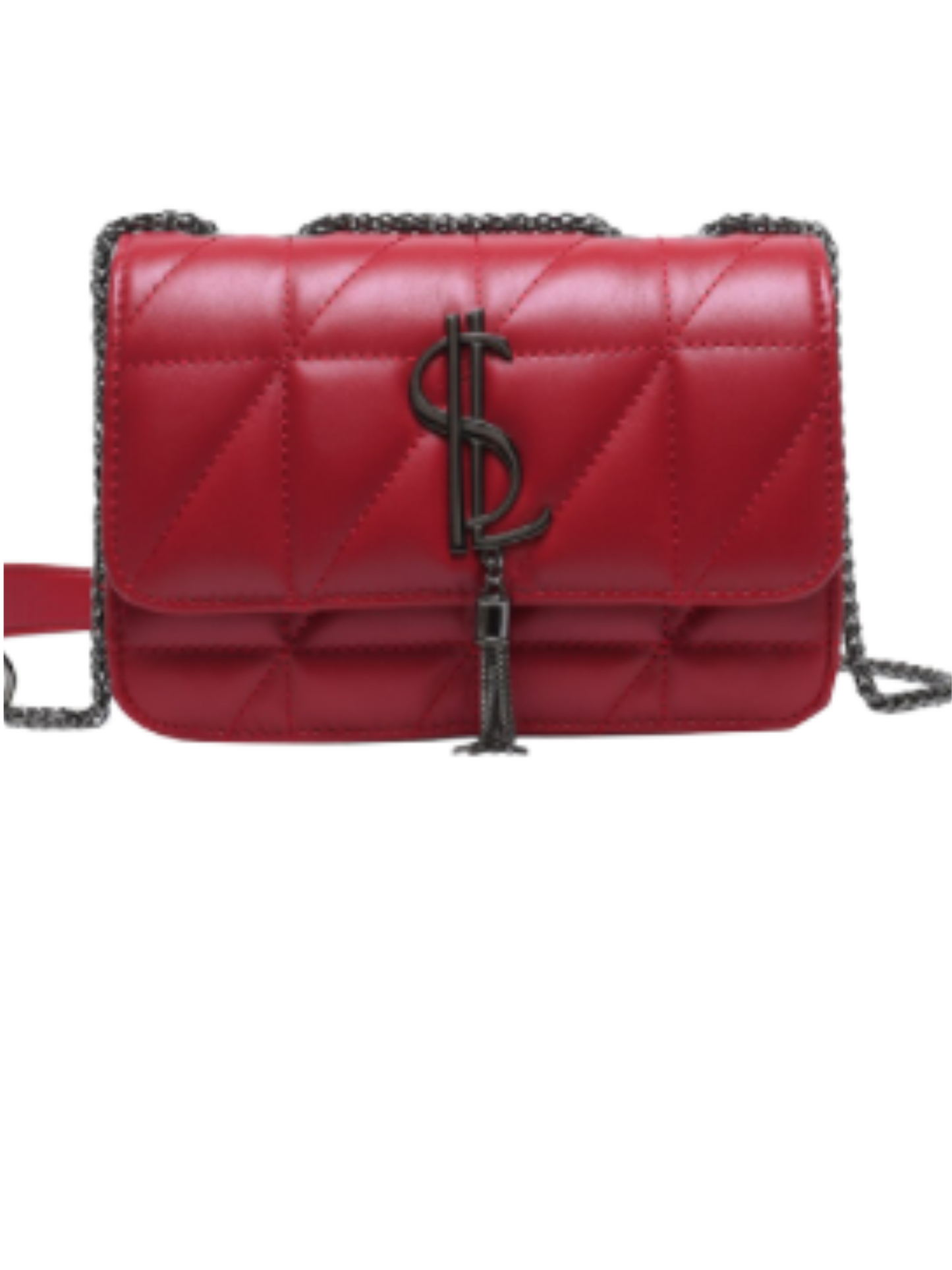 Luxury red quilted crossbody bag with tassel and metal detail