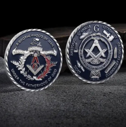 Pandora J Masonic Free Mason Brotherhood Commemorative Coin Gold Plated Two Tone  Medallion, Metal Badge