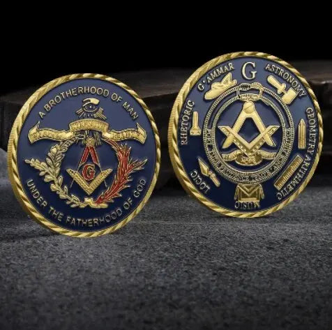 Pandora J Masonic Free Mason Brotherhood Commemorative Coin Gold Plated Two Tone  Medallion, Metal Badge