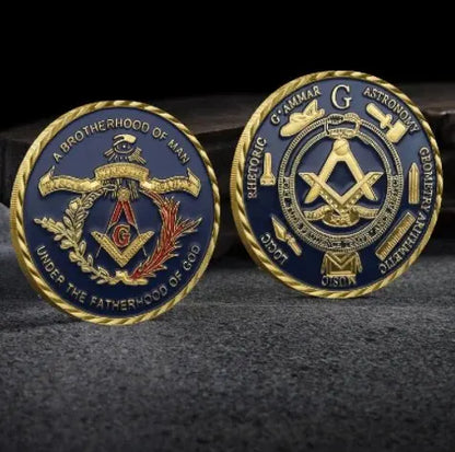 Pandora J Masonic Free Mason Brotherhood Commemorative Coin Gold Plated Two Tone  Medallion, Metal Badge