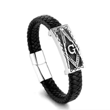 Freemasonry Black PU Leather Bracelet Cuff Braided Bracelet 8.3 inch
