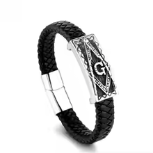 Freemasonry Black PU Leather Bracelet Cuff Braided Bracelet 8.3 inch