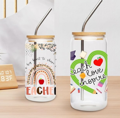 Themed Glass Tumbler with Bamboo Lid and straw, Nurse, Teacher, Spiritual, inspirational