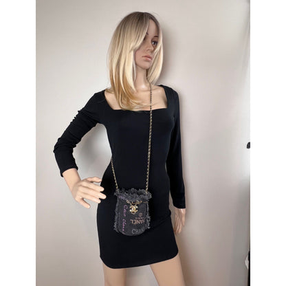 Chanel Denim Quilted Mood Mini Bucket With Chain Black
