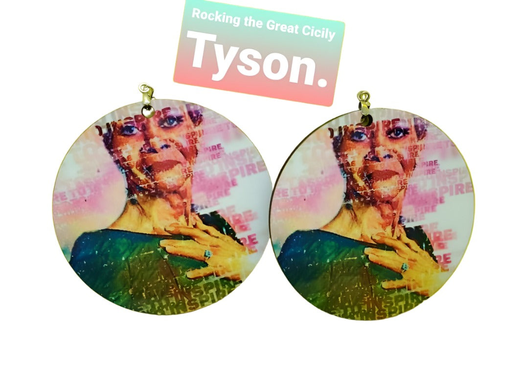 Round earrings with graphic of Cicely Tyson