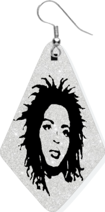 Diamond shaped earring with a photo of Lauryn Hill