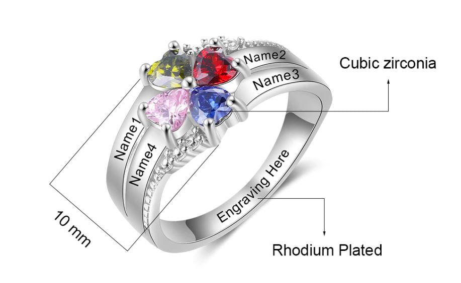 Engraved Mother’s Ring with 4 Birthstones – Personalized Gift for Her