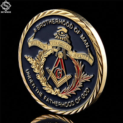 Pandora J Masonic Free Mason Brotherhood Commemorative Coin Gold Plated Two Tone  Medallion, Metal Badge
