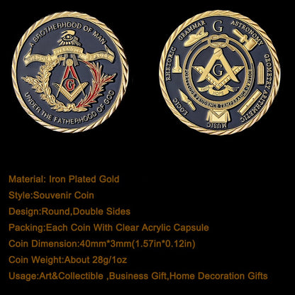 Pandora J Masonic Free Mason Brotherhood Commemorative Coin Gold Plated Two Tone  Medallion, Metal Badge