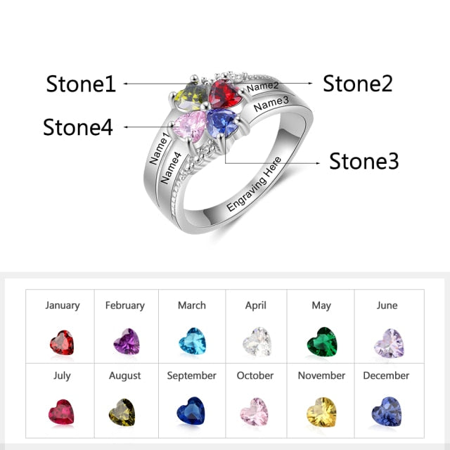 Engraved Mother’s Ring with 4 Birthstones – Personalized Gift for Her